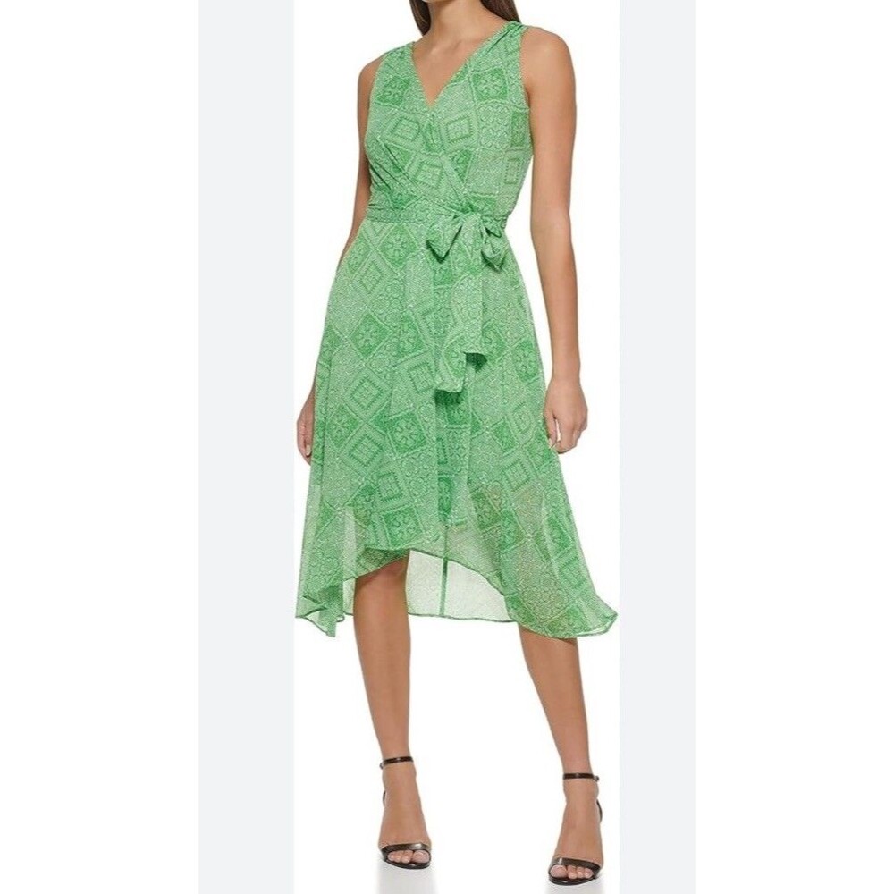 Tommy Hilfiger Dress 2 Green Faux Wrap Chiffon Pleat Tie Party Wedding Guest NEW